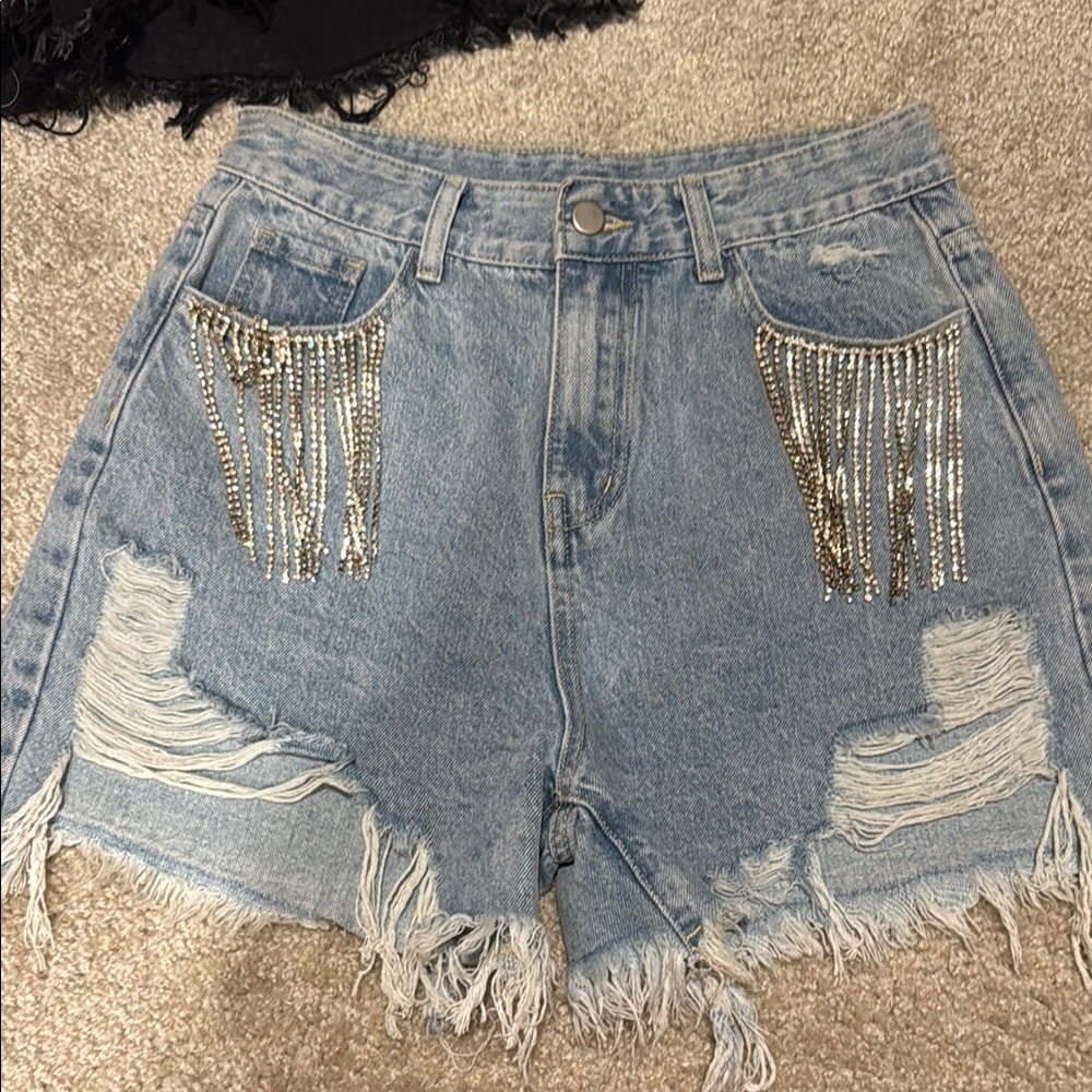Cider Light Blue Denim Shorts with Fringe Detail